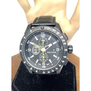 Nautica Men's Watch N18599G Quartz Chronograph Black Dial Leather Band 48mm